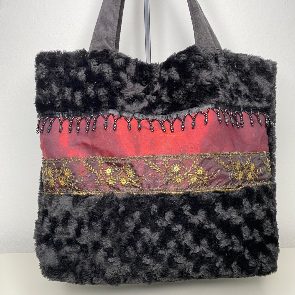 Lily Black Tote Bag Black Faux Fur Red Beaded‎ Embellished Gold Accent